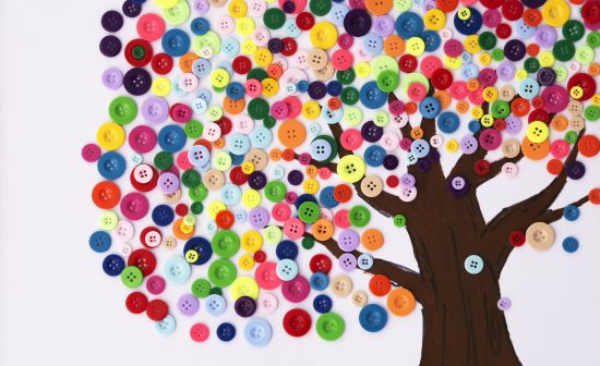 Kindergarten Children's craft of a tree made of buttons