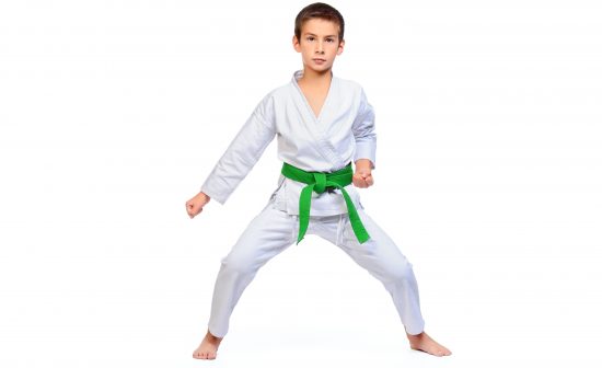 Karate boy in kimono posing in the studio. Sport, martial arts. Isolated over white. Full length portrait.