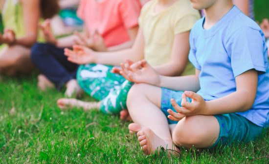 A large group of children engaged in yoga in the Park sitting on the grass.